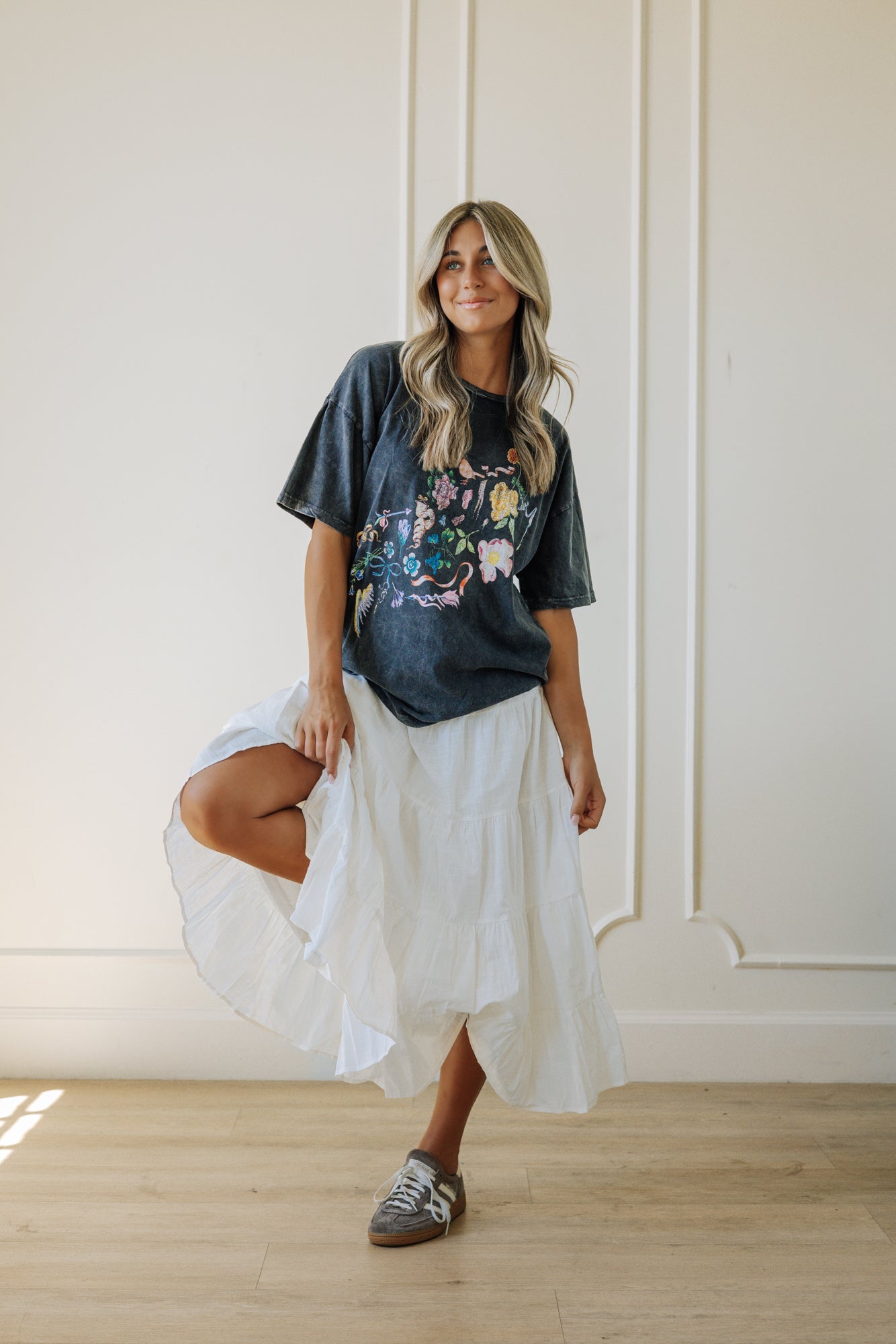 flowers bows and birds vintage wash graphic tee