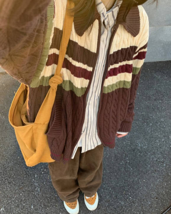 preppy aesthetic collar striped cardigan