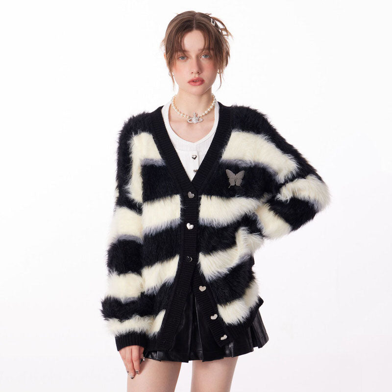 striped fuzzy butterfly cardigan