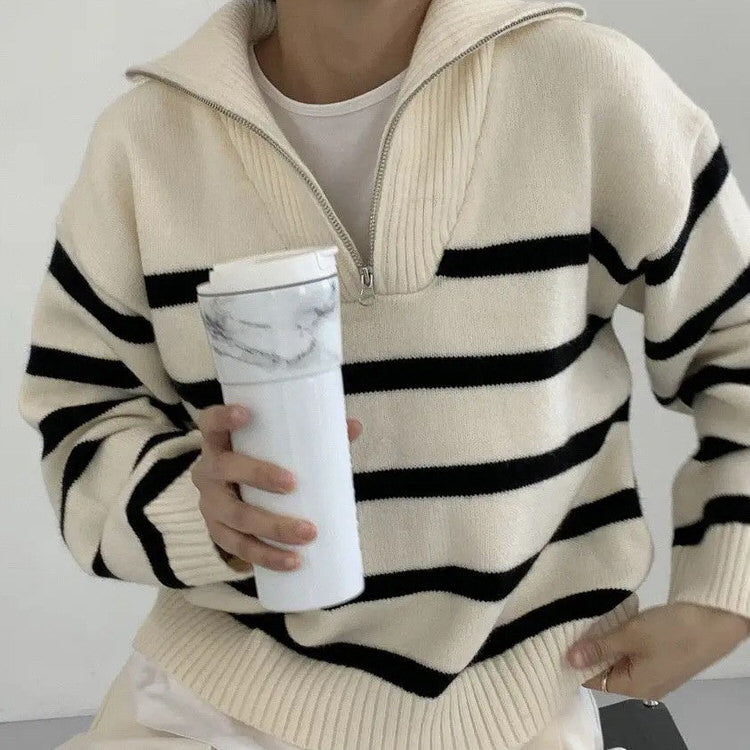 old money zip up striped sweater