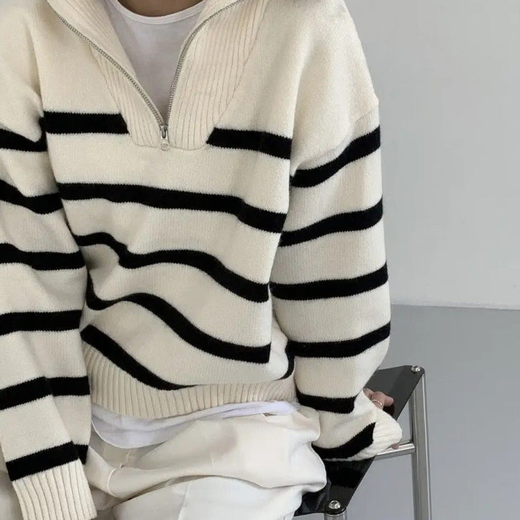 old money zip up striped sweater