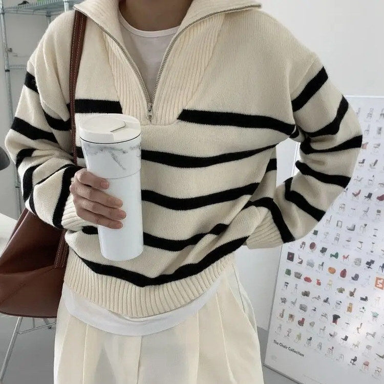 old money zip up striped sweater