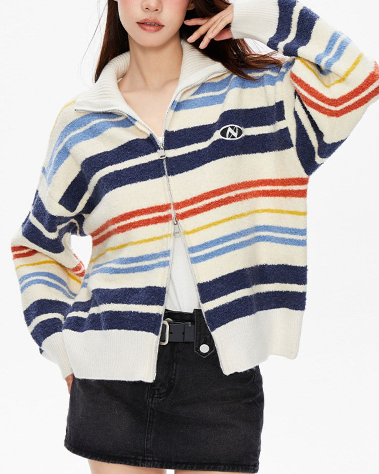 prep school striped zip up long sleeve