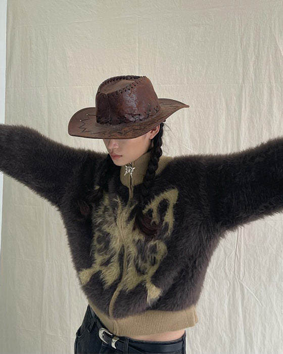 butterfly print fuzzy bomber