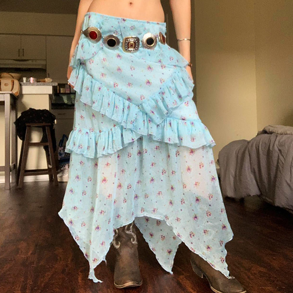 cottagecore floral ruffle maxi skirt