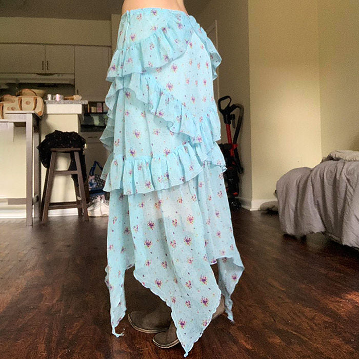 cottagecore floral ruffle maxi skirt