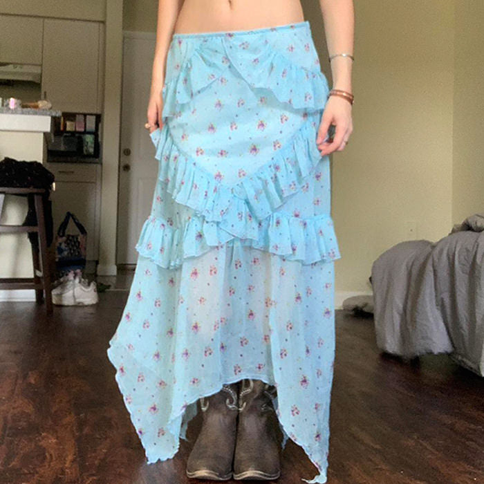 cottagecore floral ruffle maxi skirt