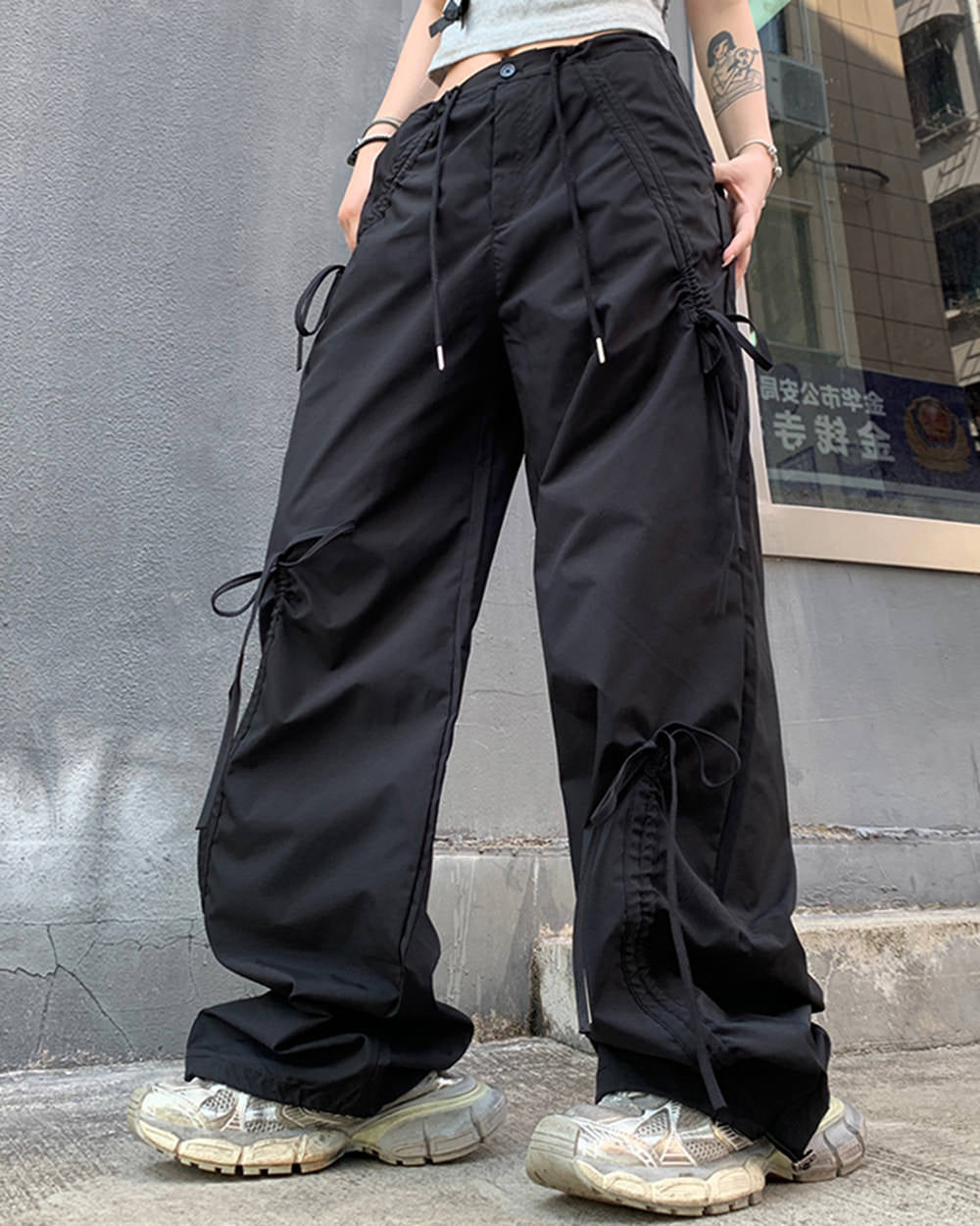 soft girl bows wide leg cargo pants