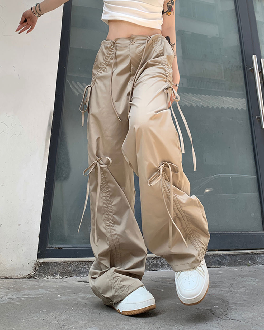 soft girl bows wide leg cargo pants