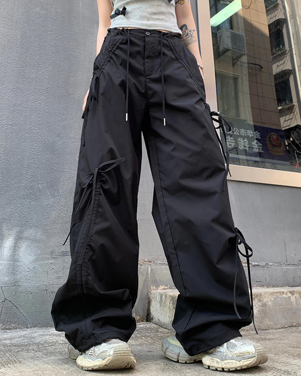 soft girl bows wide leg cargo pants