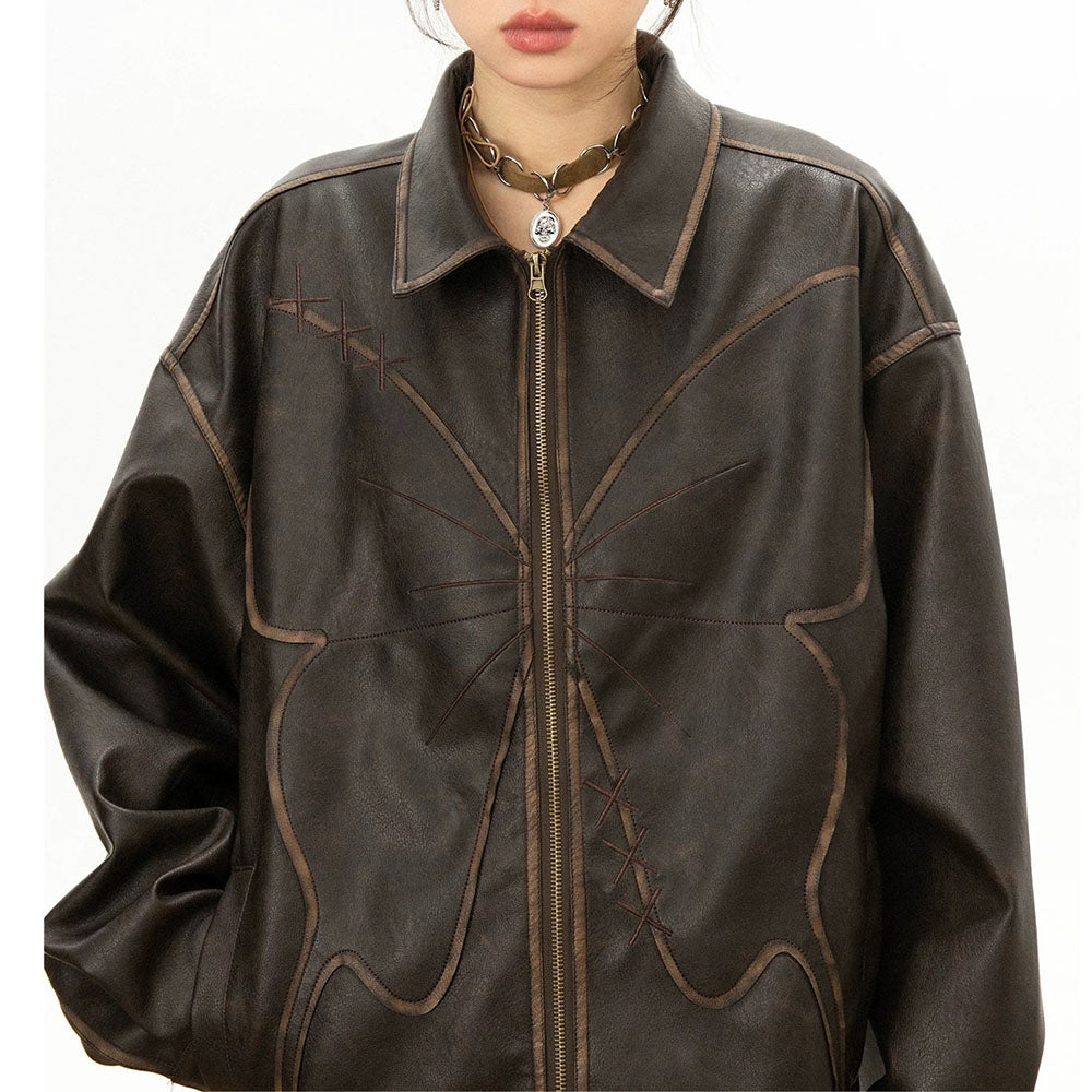butterfly distressed leather jacket