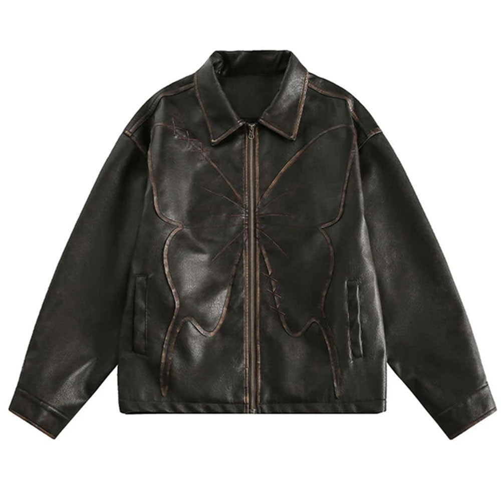 butterfly distressed leather jacket