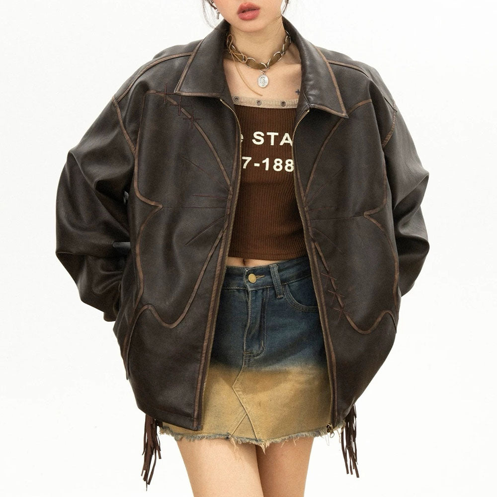 butterfly distressed leather jacket