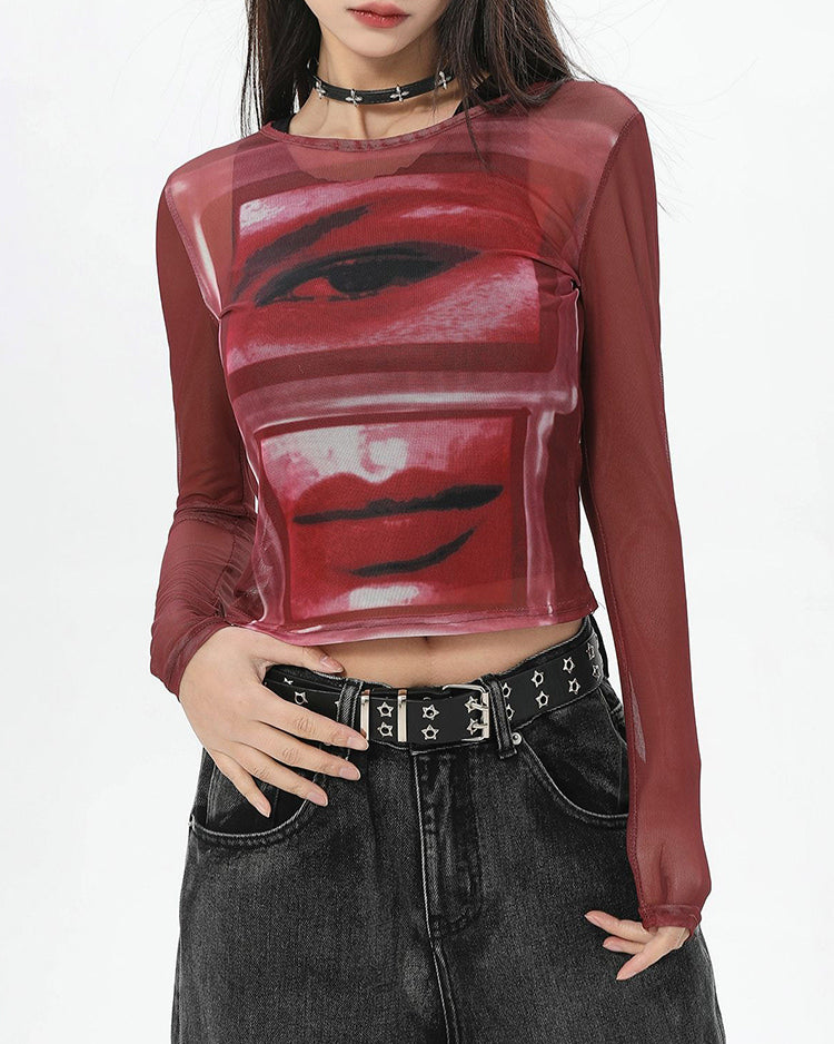 eye & lips print mesh top in red