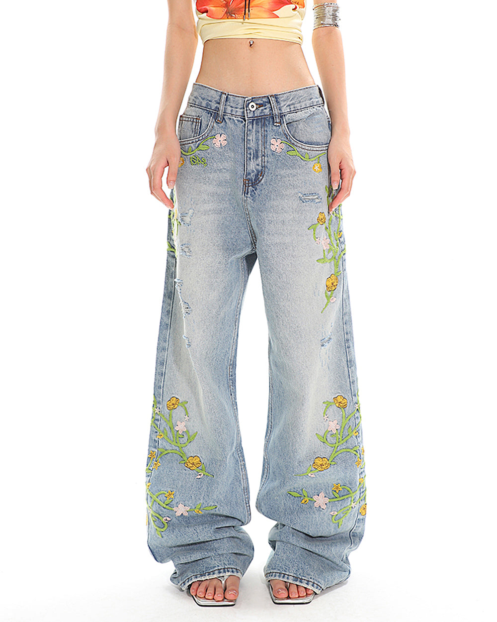 floral vine fairycore embroidery jeans