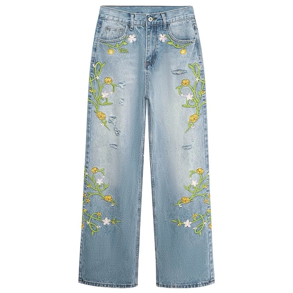 floral vine fairycore embroidery jeans