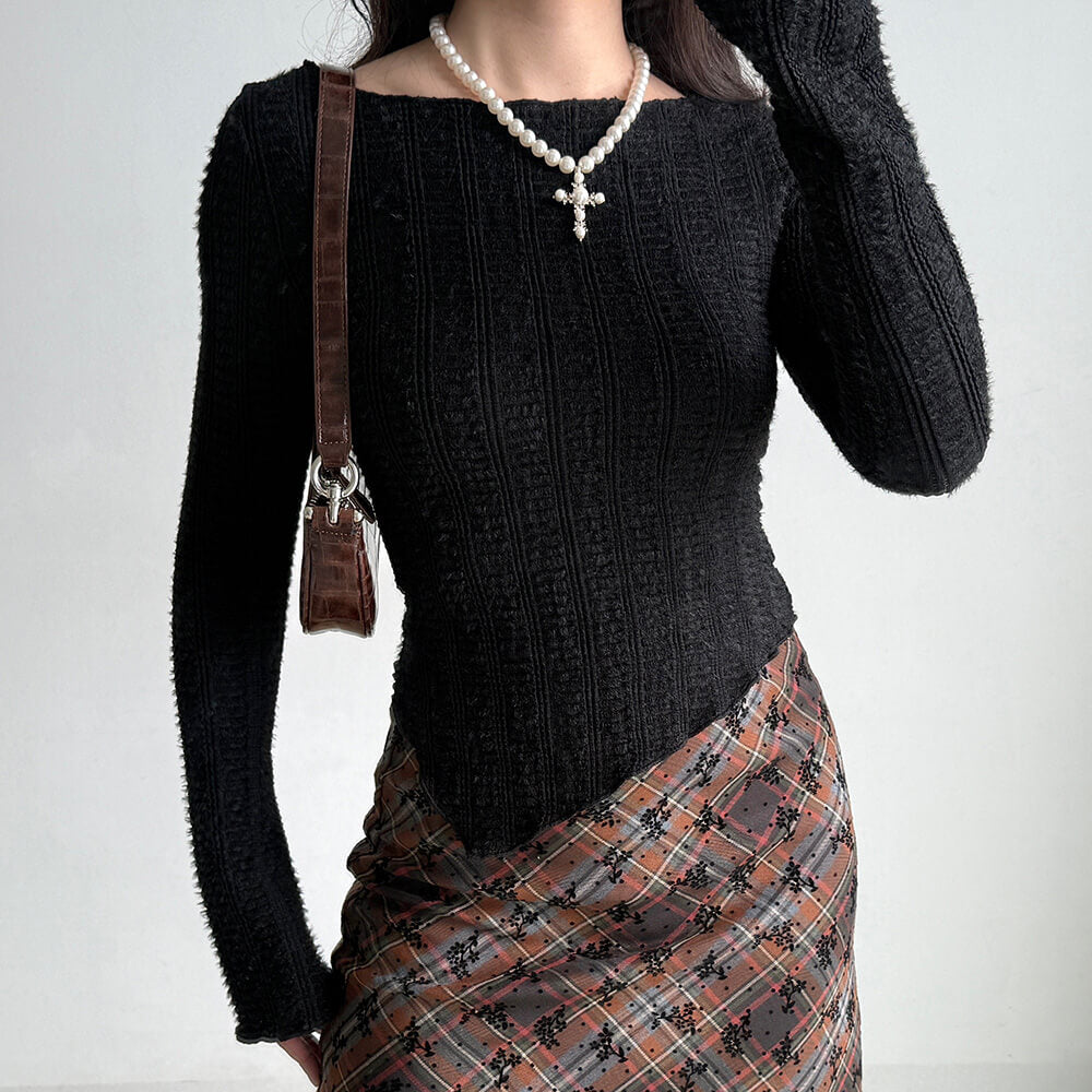 frazzled english woman asymmetrical knit top