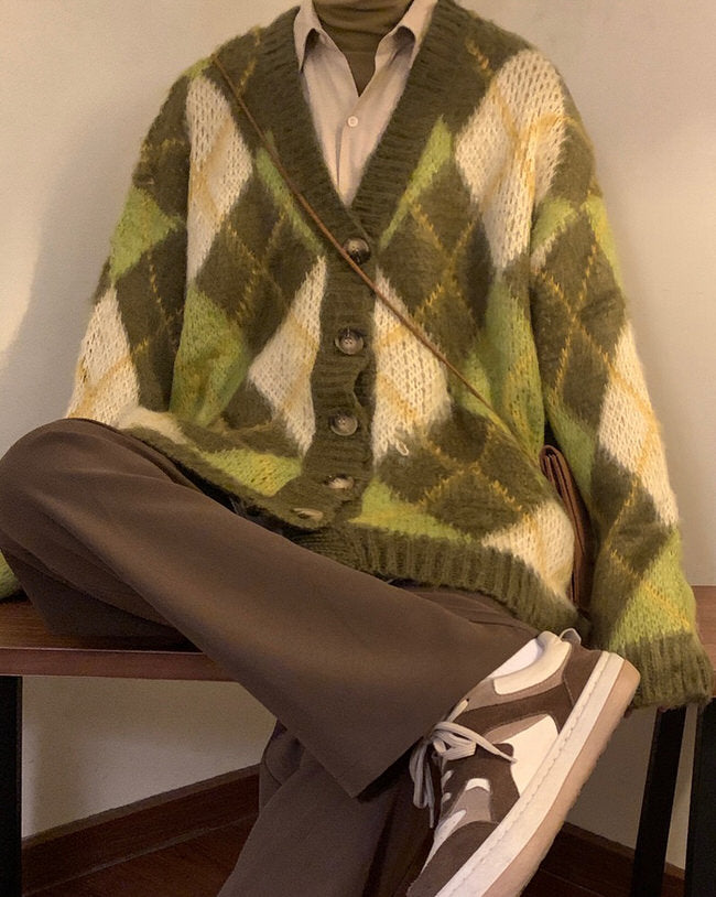 warm vibes green argyle cardigan sweater