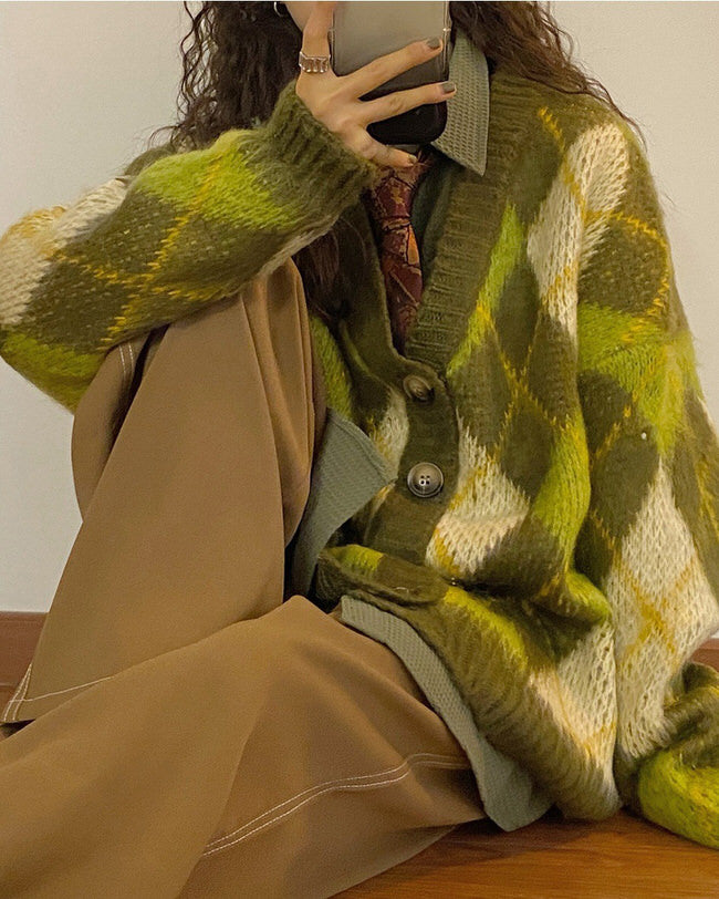 warm vibes green argyle cardigan sweater