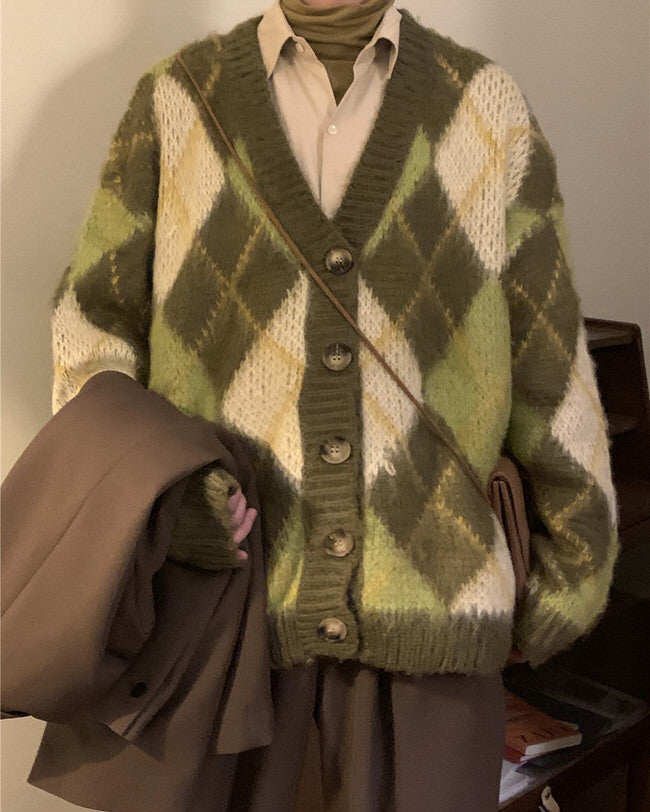 warm vibes green argyle cardigan sweater