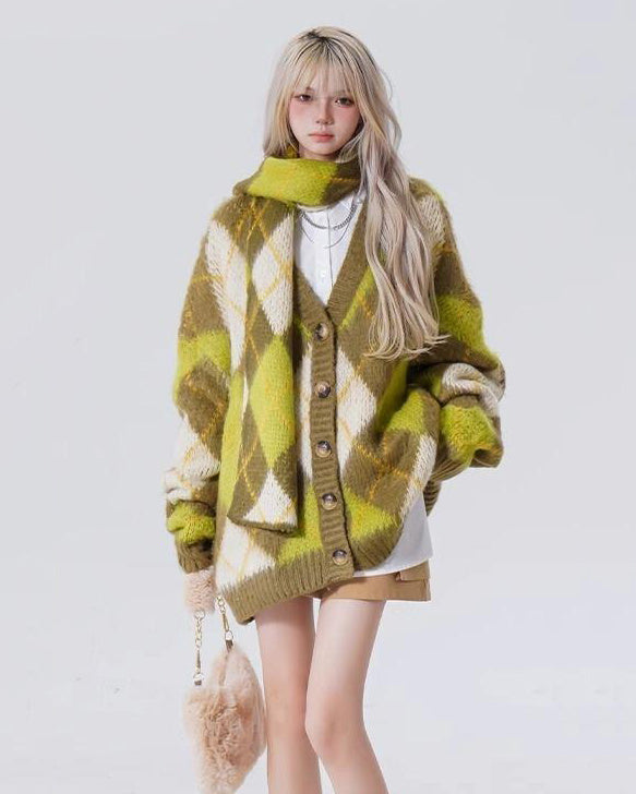 warm vibes green argyle cardigan sweater