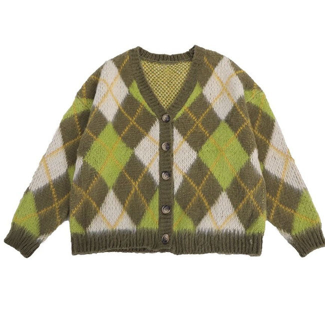 warm vibes green argyle cardigan sweater