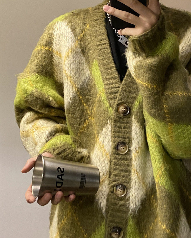 warm vibes green argyle cardigan sweater