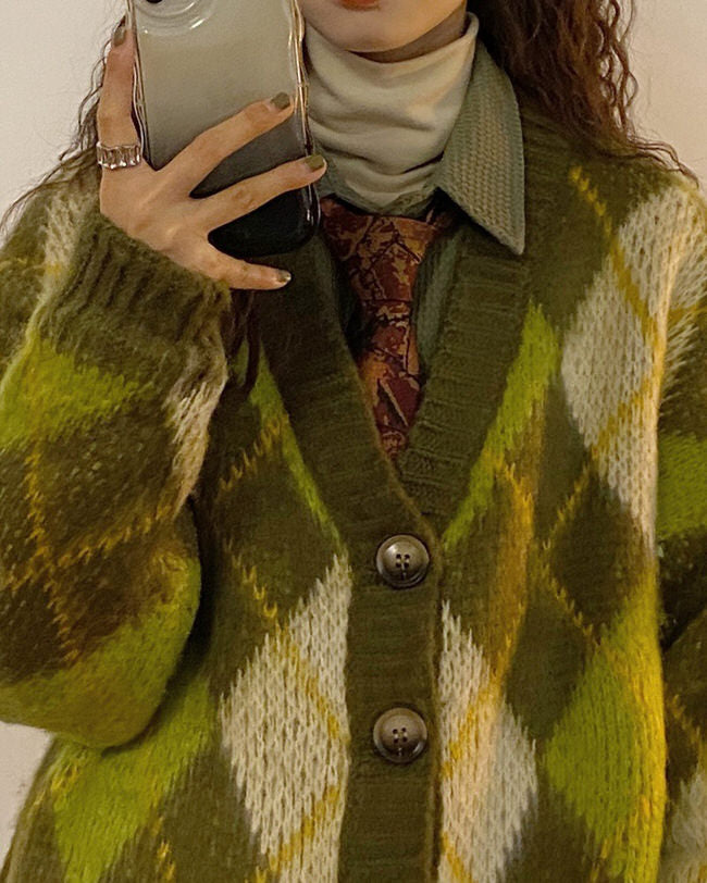 warm vibes green argyle cardigan sweater