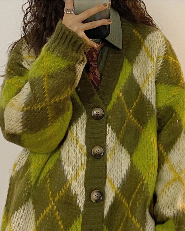 warm vibes green argyle cardigan sweater