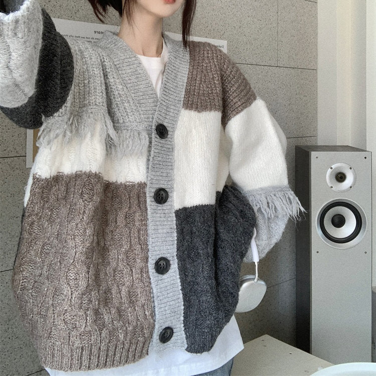grey fringe grandma cardigan
