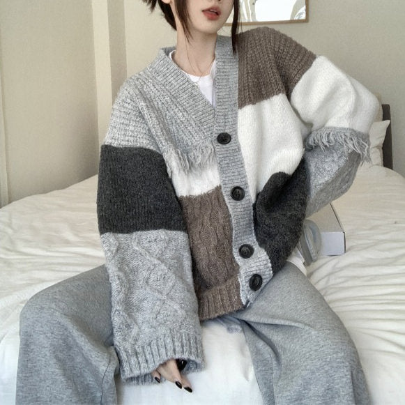 grey fringe grandma cardigan
