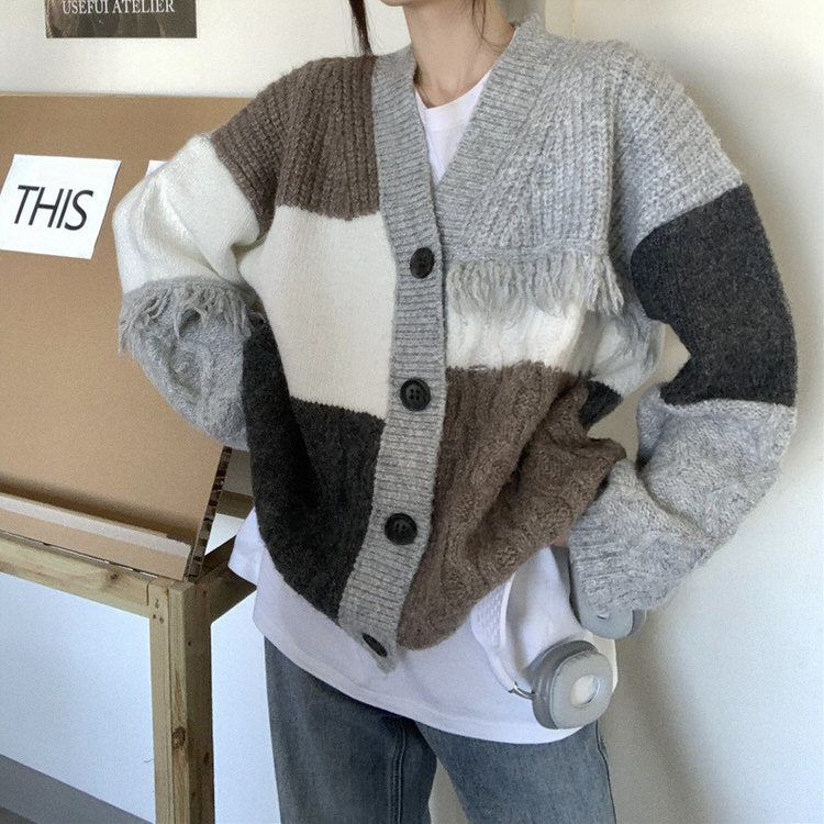 grey fringe grandma cardigan