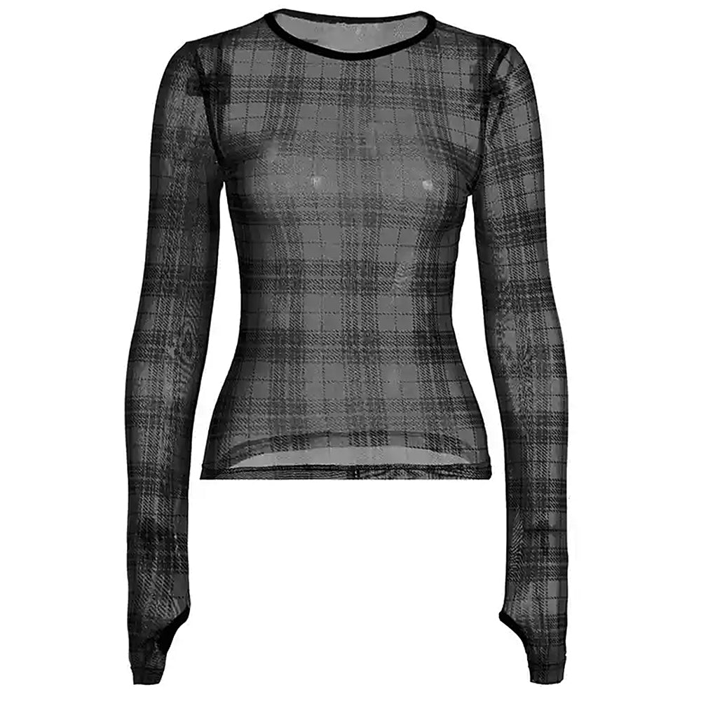 grunge plaid mesh long sleeve top