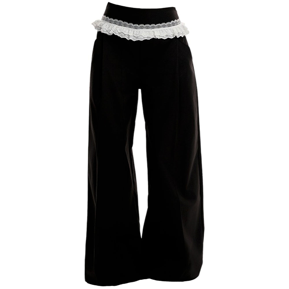 lace trim waist wide leg trousers