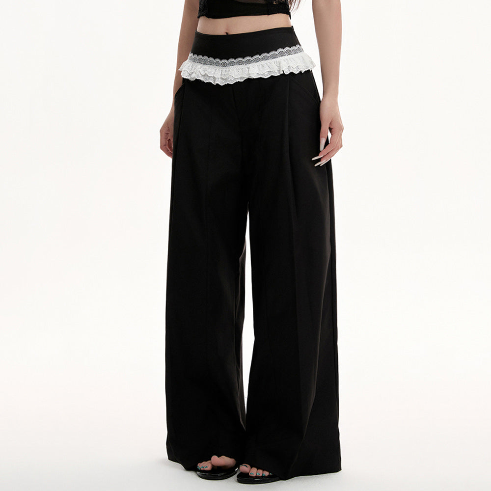 lace trim waist wide leg trousers