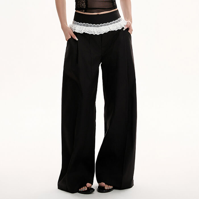 lace trim waist wide leg trousers