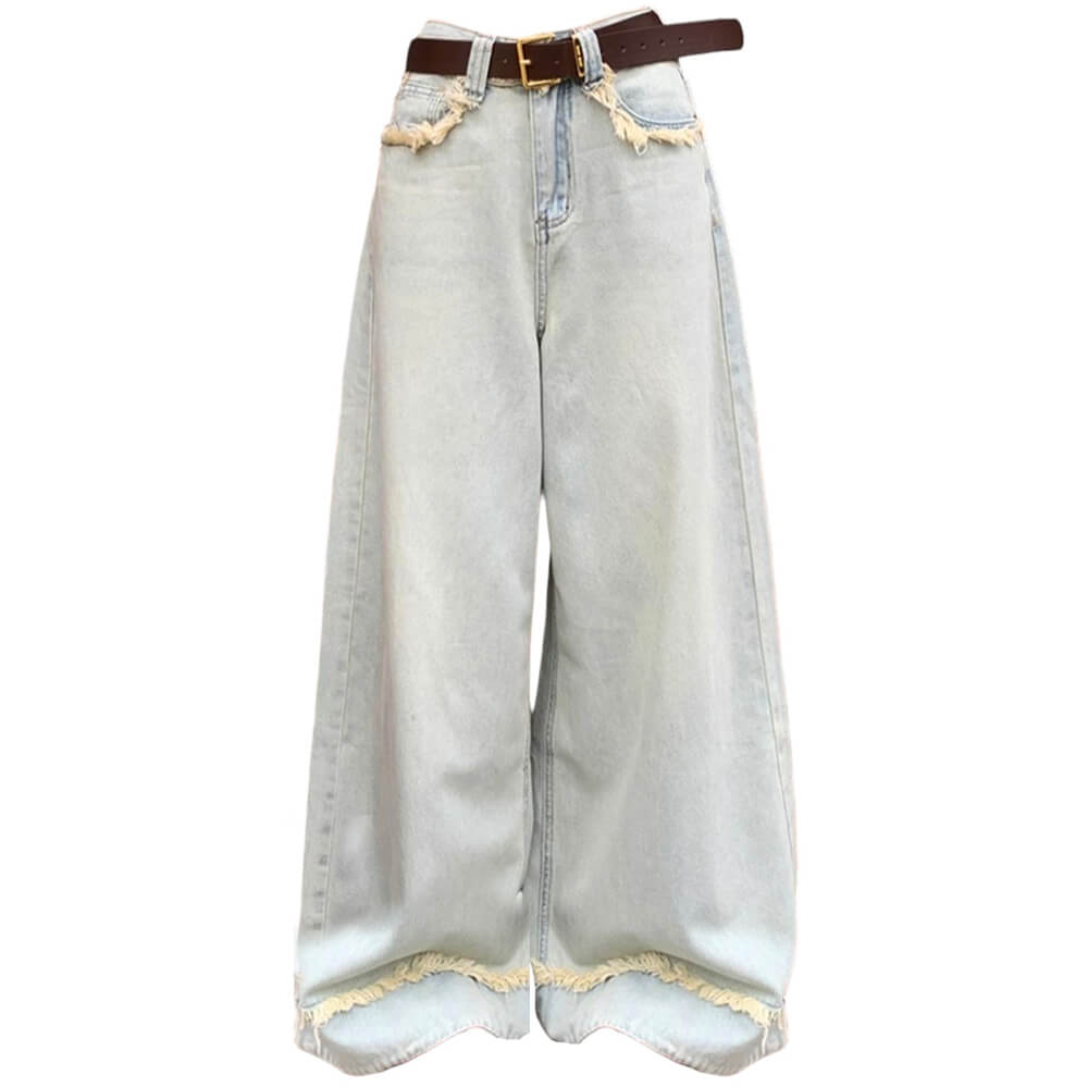light blue frayed wide leg jeans