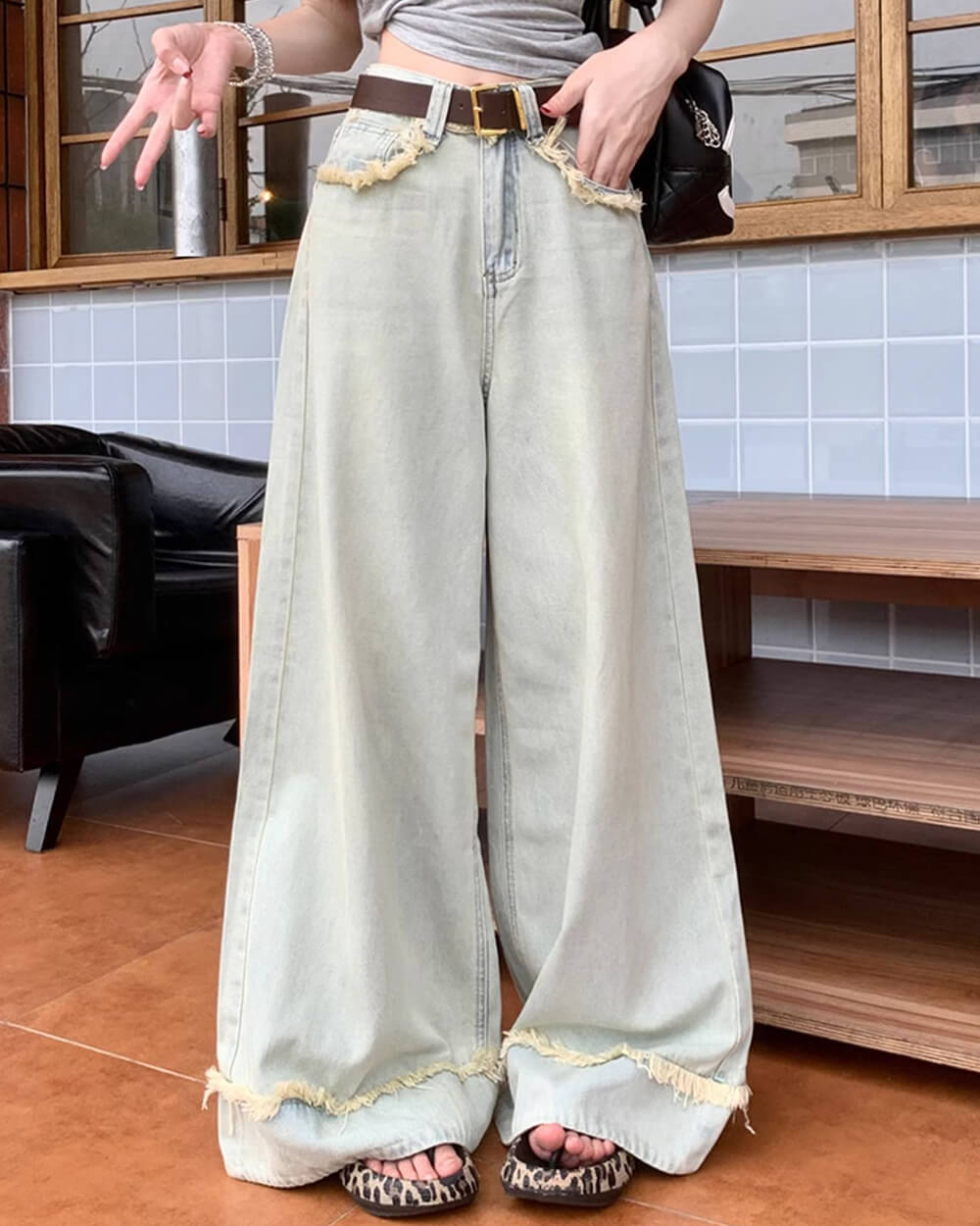 light blue frayed wide leg jeans