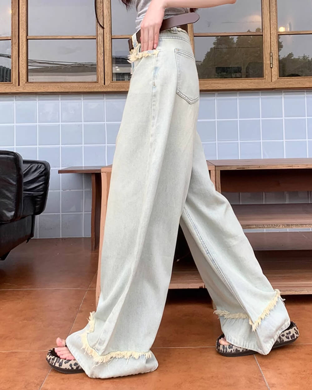 light blue frayed wide leg jeans