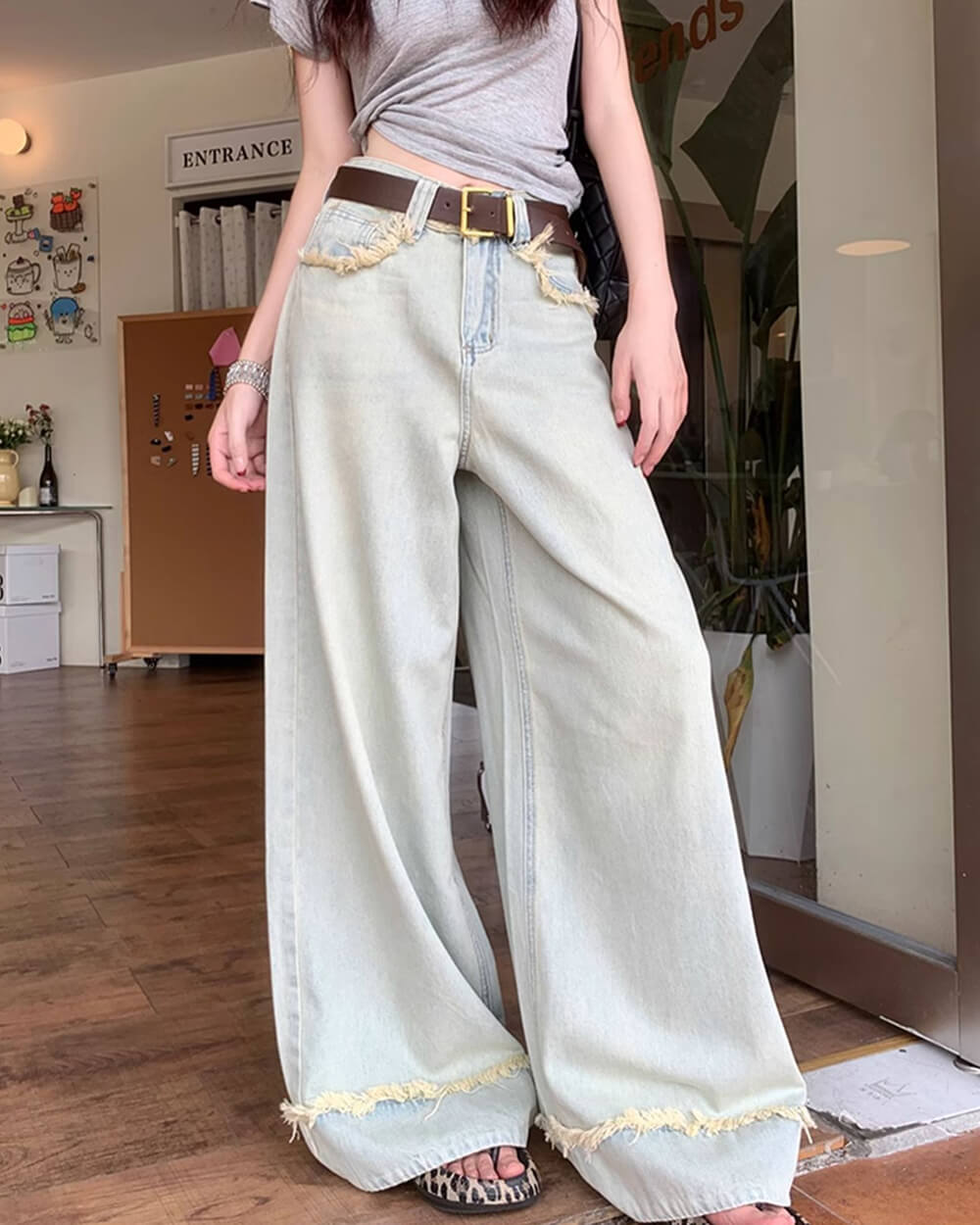 light blue frayed wide leg jeans