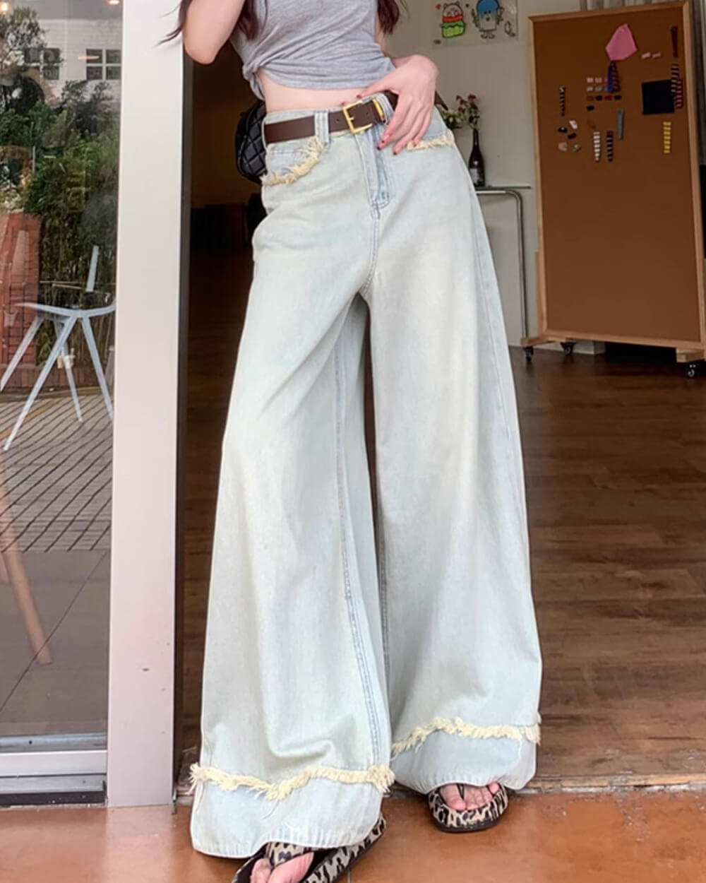 light blue frayed wide leg jeans