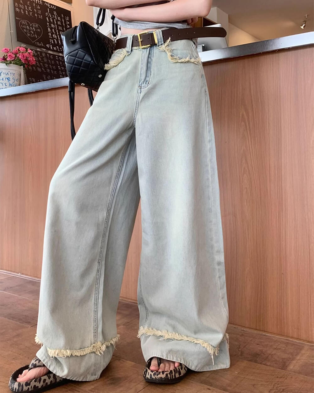 light blue frayed wide leg jeans