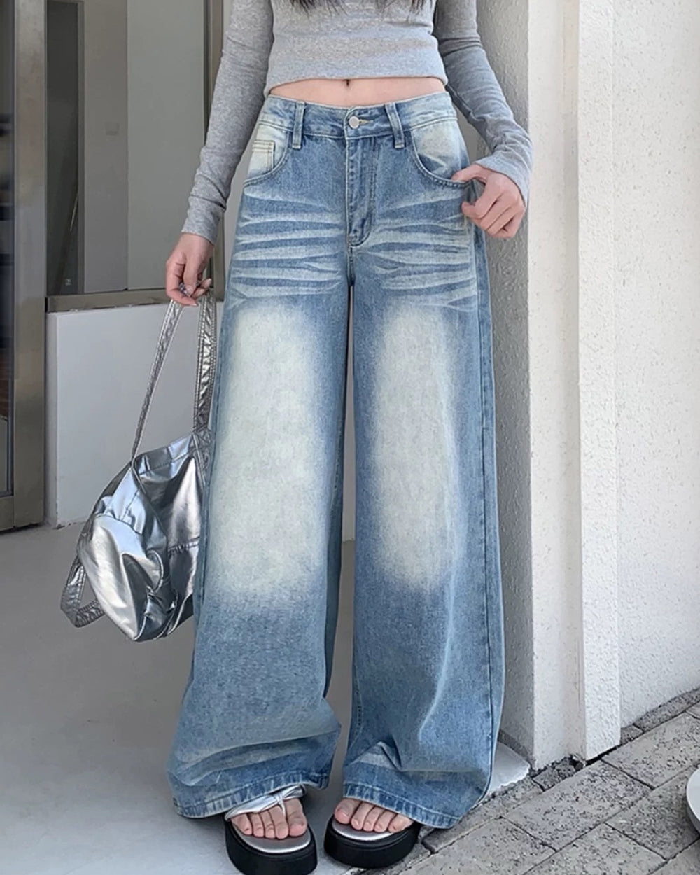 light blue washed wide leg jeans