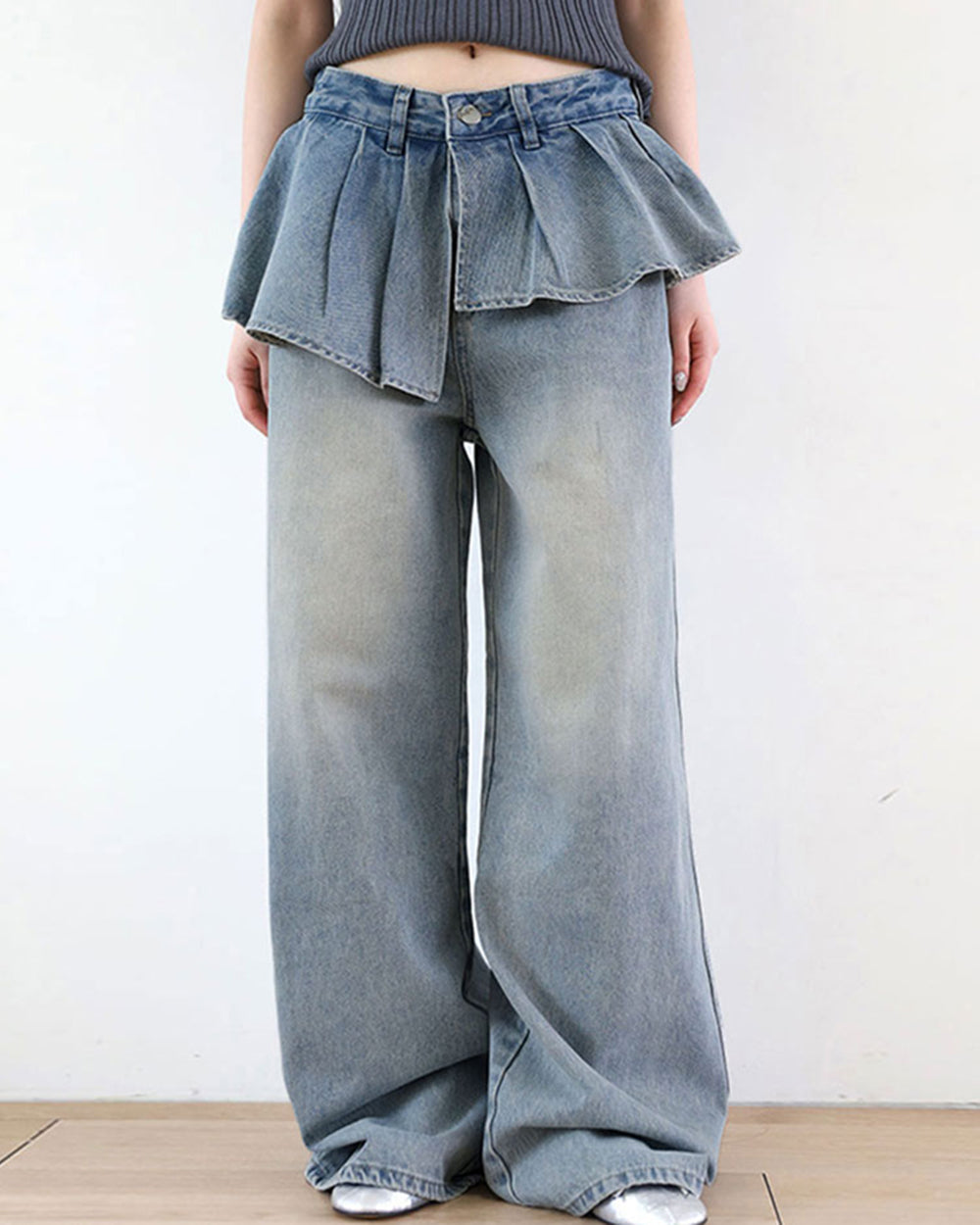 peplum waist denim wide leg jeans