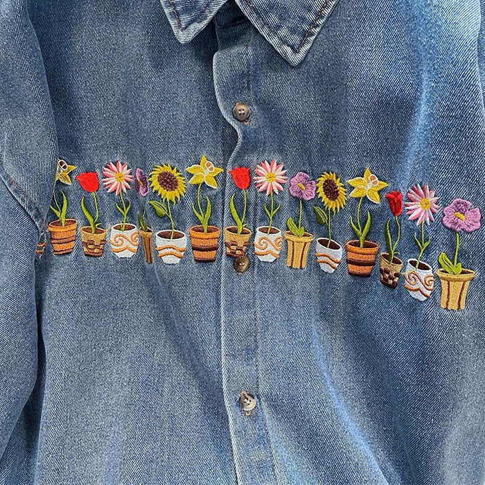 plants & pots embroidery denim shirt