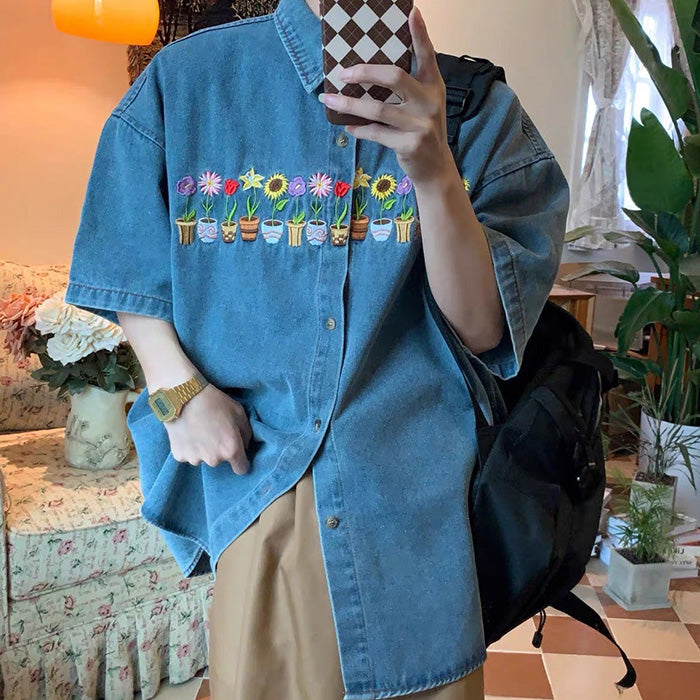plants & pots embroidery denim shirt