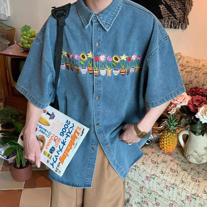 plants & pots embroidery denim shirt