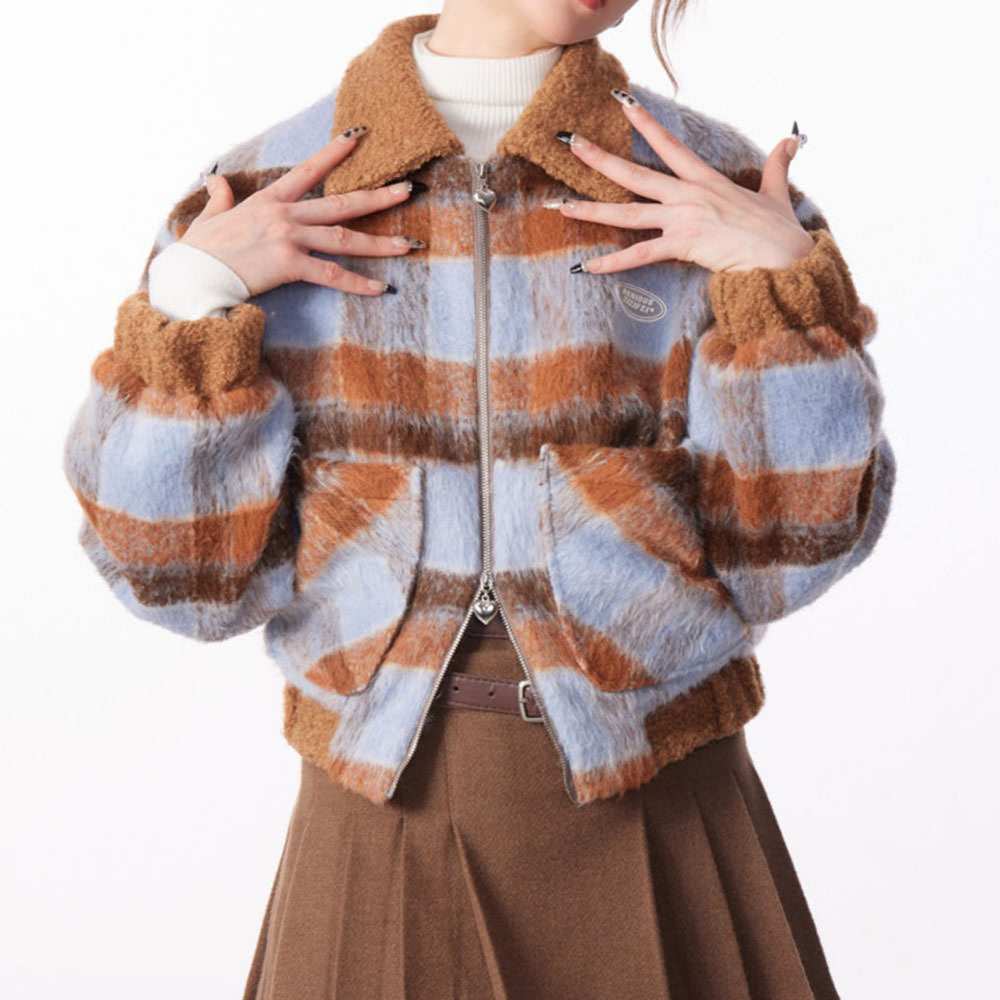 preppy style warm checkered jacket