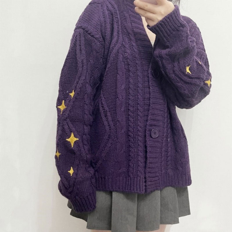 star embroidery purple cardigan